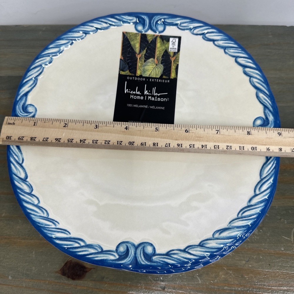 4 Nicole Miller Blue Scroll Border 9" Melamine Salad Plates NWT luncheon Set - Picture 9 of 9